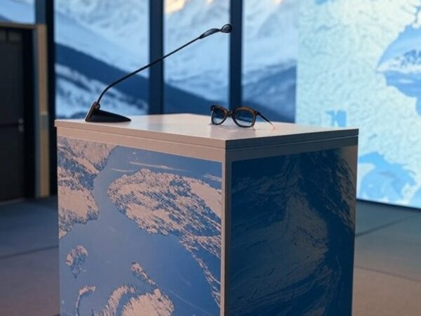 Pódio com óculos escuros em conferência de Davos, tela mostrando mapa da Groenlândia, fundo de montanhas nevadas.