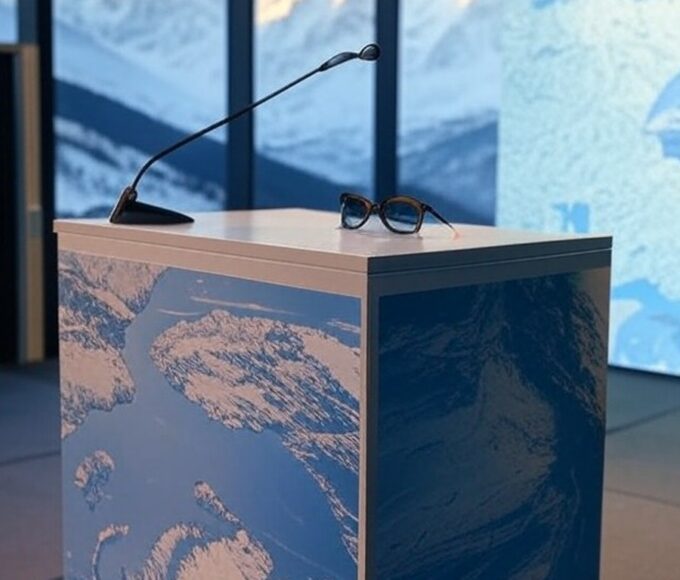 Pódio com óculos escuros em conferência de Davos, tela mostrando mapa da Groenlândia, fundo de montanhas nevadas.