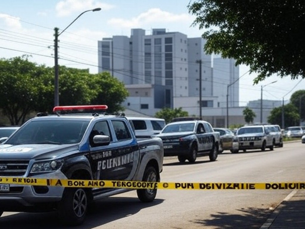 Prédio de apartamentos no Guará II com fita de isolamento policial e viatura, representando cena de crime em Brasília.