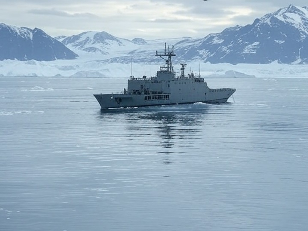 Paisagem ártica da Groenlândia com navios e aviões da OTAN em exercícios militares.