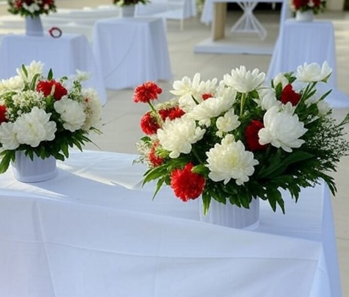 Salão público em Brasília preparado para casamento comunitário, com flores e alianças simbólicas, representando inscrições abertas no DF.