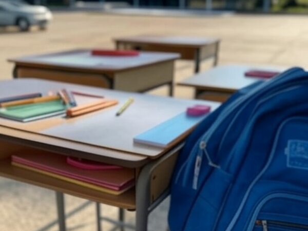 Materiais escolares sobre mesa com arquitetura de Brasília ao fundo, representando depósito de créditos do Cartão Material Escolar pelo GDF para alunos.