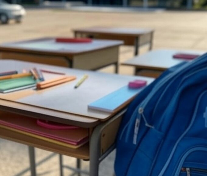 Materiais escolares sobre mesa com arquitetura de Brasília ao fundo, representando depósito de créditos do Cartão Material Escolar pelo GDF para alunos.