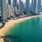 Skyline de arranha-céus em cidade costeira brasileira, representando plano de reconstrução de Gaza com foco em turismo.