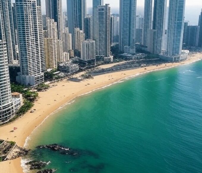 Skyline de arranha-céus em cidade costeira brasileira, representando plano de reconstrução de Gaza com foco em turismo.