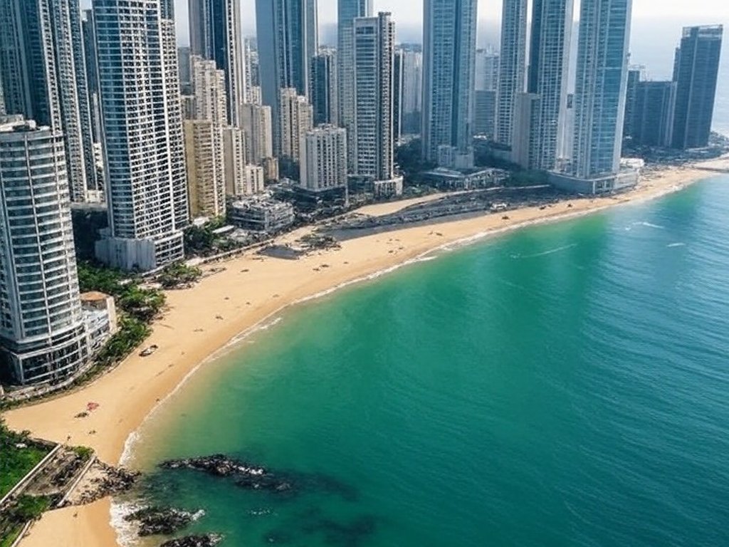 Skyline de arranha-céus em cidade costeira brasileira, representando plano de reconstrução de Gaza com foco em turismo.