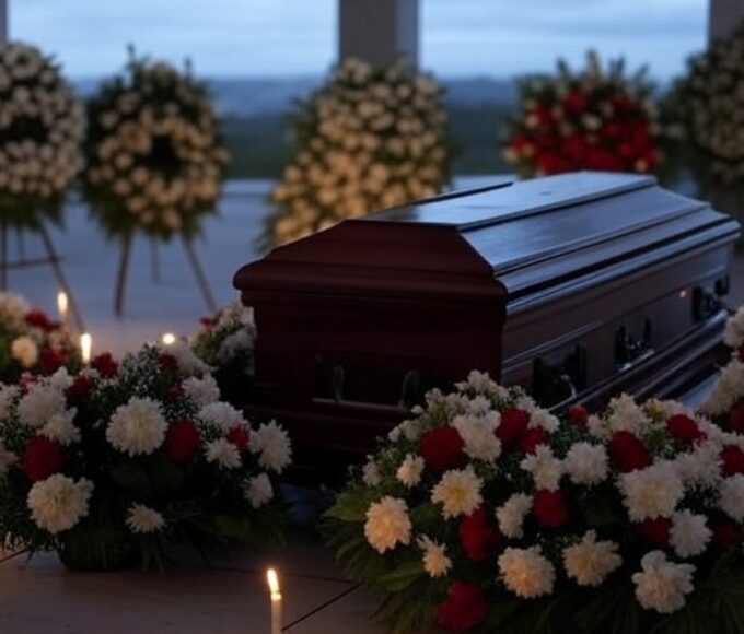 Capela funerária em Brasília com flores e velas ao redor de caixão, representando velório e luto familiar por morte de empresária.