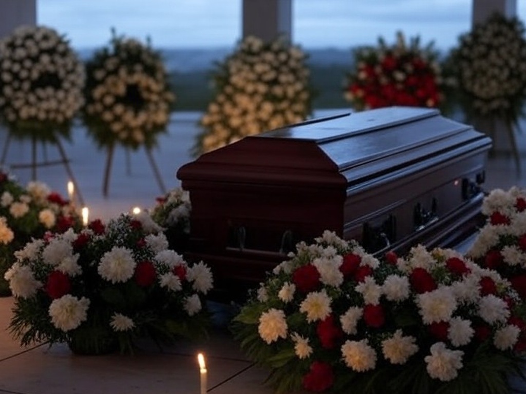 Capela funerária em Brasília com flores e velas ao redor de caixão, representando velório e luto familiar por morte de empresária.