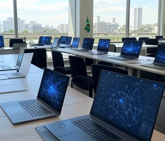 Sala comunitária nas periferias do DF com equipamentos para oficinas gratuitas de IA, representando o Projeto Brasil.IA.