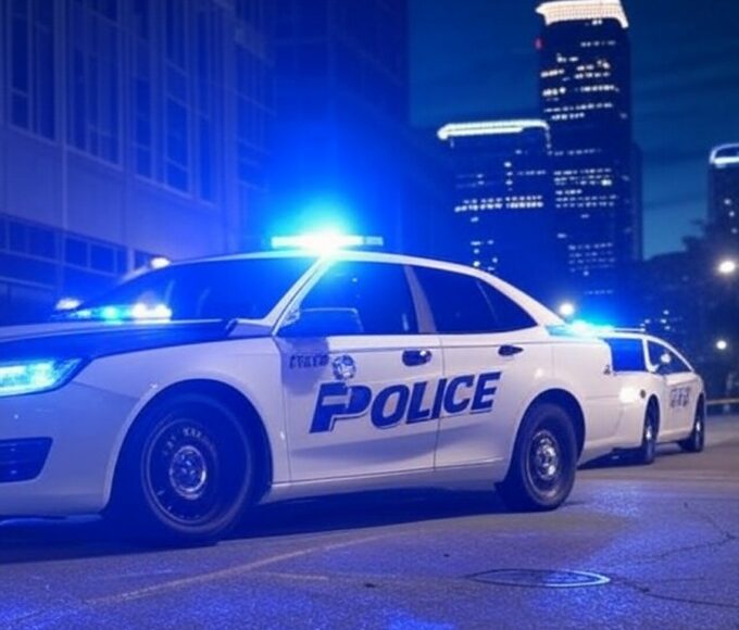 Cena de rua em Minneapolis com viaturas do ICE e fita de cena de crime, representando incidente policial.