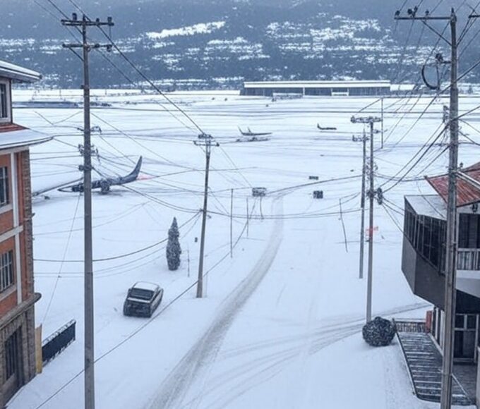 Tempestade de inverno no sul do Brasil com neve, postes caídos e aeroporto parado, representando paralisação por falta de energia e voos cancelados.
