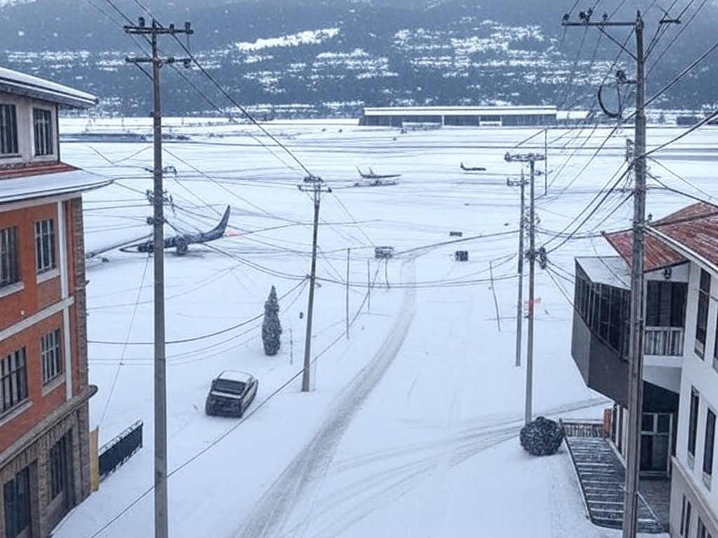 Tempestade de inverno no sul do Brasil com neve, postes caídos e aeroporto parado, representando paralisação por falta de energia e voos cancelados.
