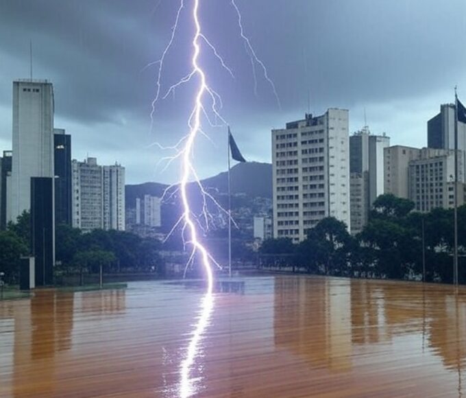 Raio atingindo palanque em ato político na praça de Belo Horizonte durante tempestade.