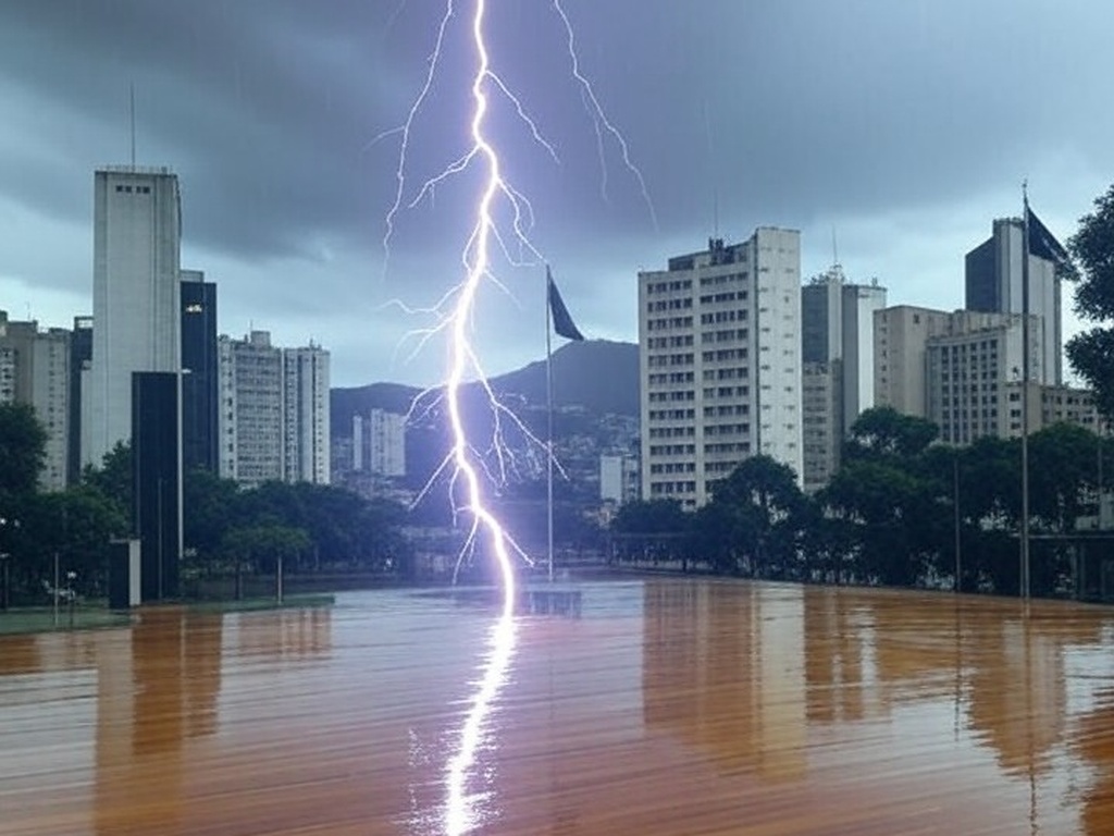 Raio atingindo palanque em ato político na praça de Belo Horizonte durante tempestade.