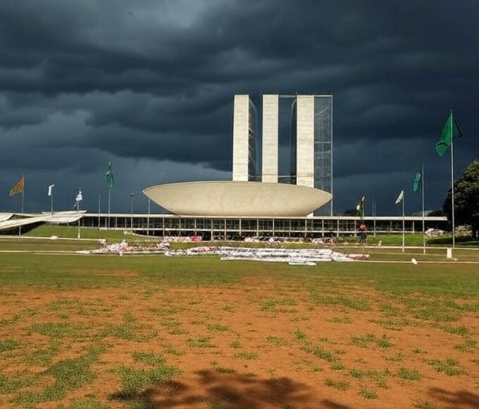 Esplanada dos Ministérios em Brasília com marcas de raio e itens de manifestação sob céu nublado.