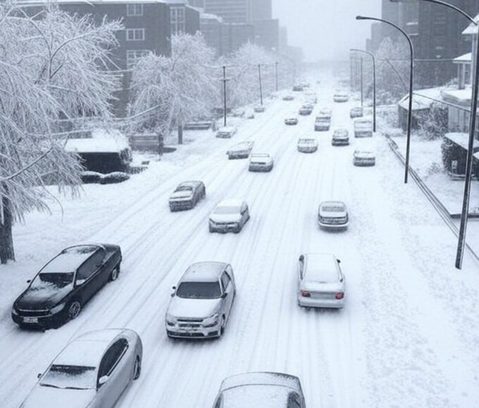 Tempestade de neve histórica causa caos em cidades dos EUA, com ruas e veículos cobertos de neve.