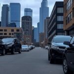 Viaturas do ICE estacionadas em rua de Minneapolis, simbolizando morte de Alex Pretti e críticas bipartidárias contra Trump.