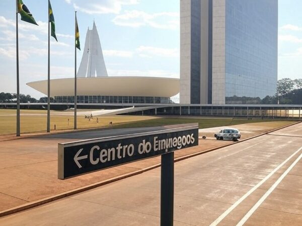 Prédio governamental em Brasília com placa de centro de empregos, representando vagas de emprego no Distrito Federal com salários até R$ 2,8 mil.