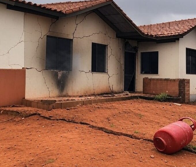 Residência danificada por explosão de botijão de gás em Ceilândia, DF, com fumaça e botijão tombado.