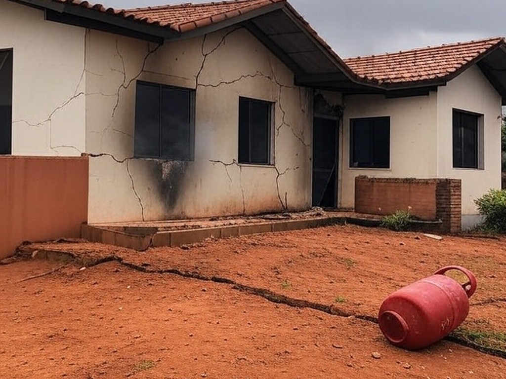 Residência danificada por explosão de botijão de gás em Ceilândia, DF, com fumaça e botijão tombado.