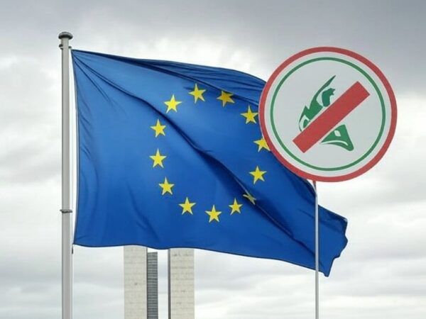 Bandeira da UE e símbolo da Guarda Revolucionária do Irã com sinal de proibição em praça de Brasília, representando sanções.