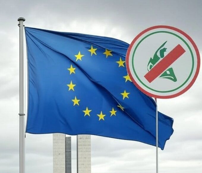 Bandeira da UE e símbolo da Guarda Revolucionária do Irã com sinal de proibição em praça de Brasília, representando sanções.