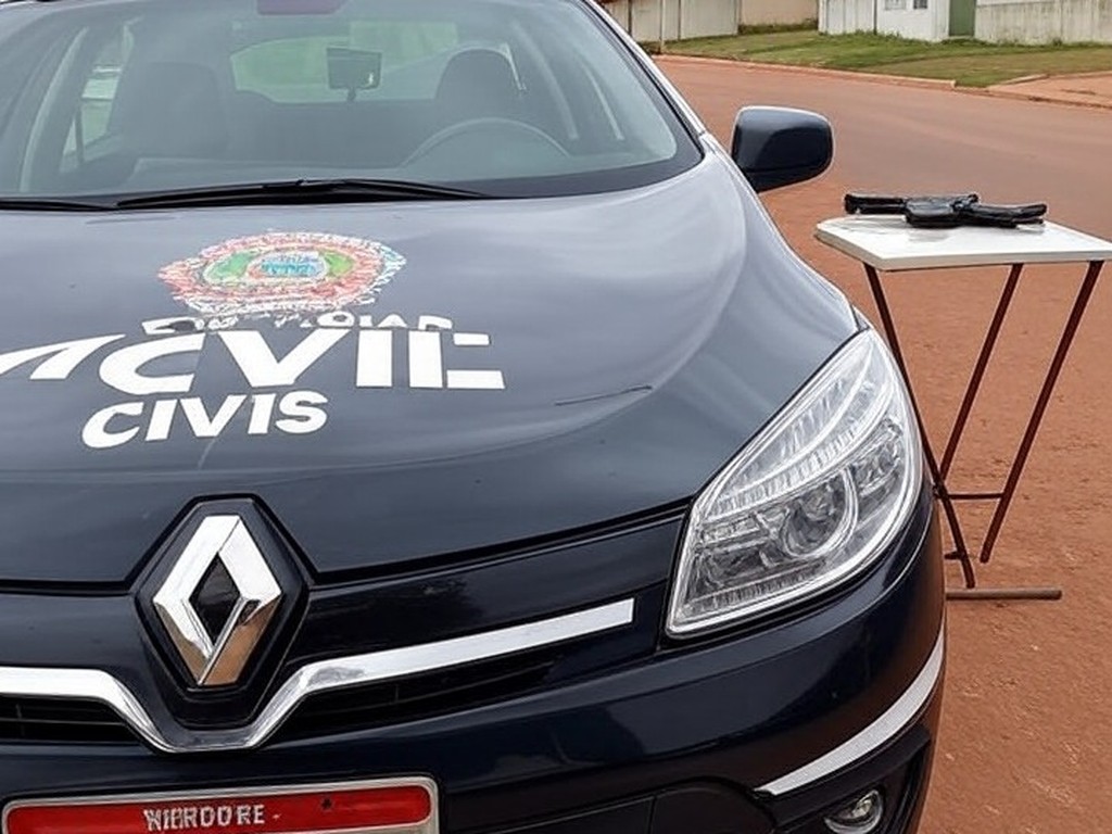 Viatura da Polícia Civil no Gama com arma apreendida, em cena de operação contra homicídio no Distrito Federal.