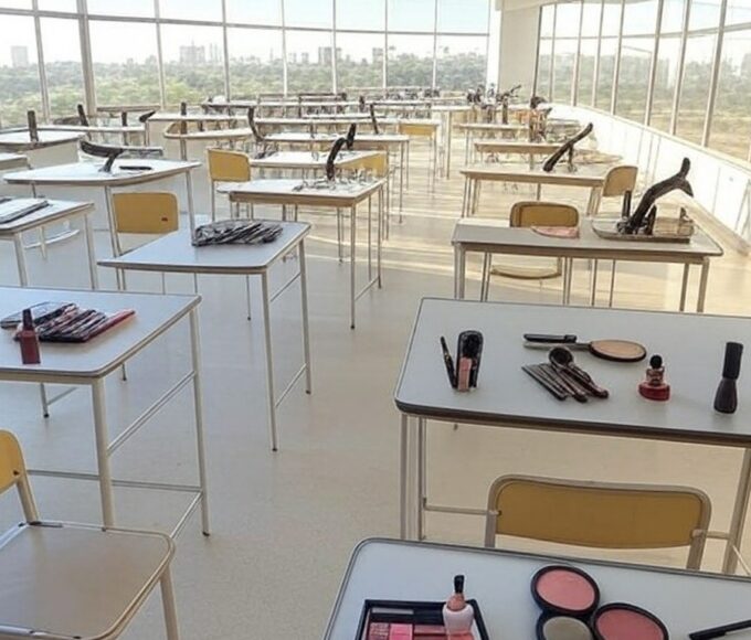 Sala de aula com equipamentos de beleza em prédio do GDF em Brasília, representando cursos gratuitos para mulheres no DF.