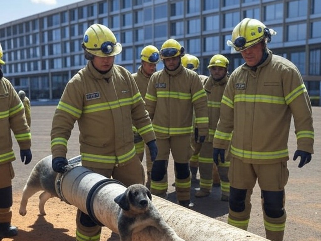 Viatura dos bombeiros em resgate de filhote de cachorro de tubulação de 10 metros em Brasília, DF.