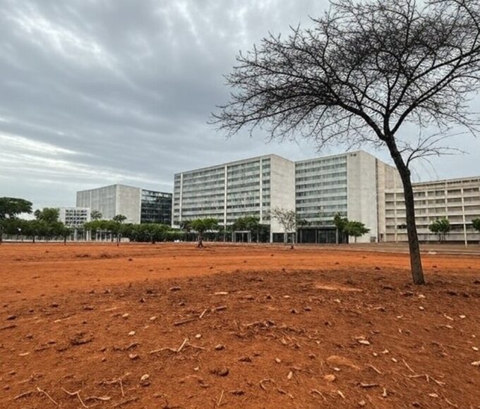 Paisagem urbana de Brasília com pouca arborização e danos ambientais visíveis em avenida modernista.