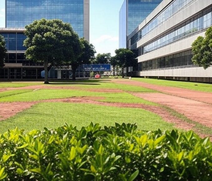 Campus da UnDF em Brasília com edifícios e sinalização de inscrições para vagas remanescentes em cursos de graduação.