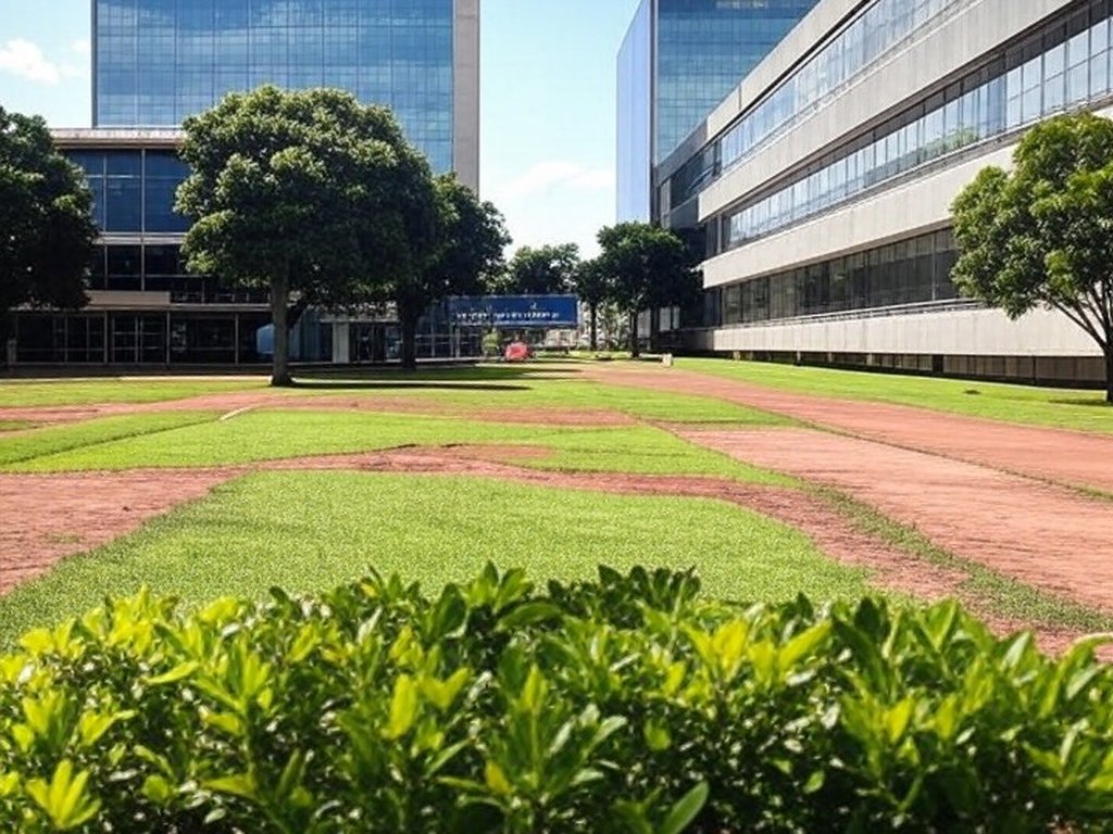 Campus da UnDF em Brasília com edifícios e sinalização de inscrições para vagas remanescentes em cursos de graduação.