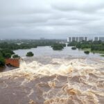 Reservatório do Descoberto transbordando com água inundando áreas no Distrito Federal, expondo riscos de inundações.