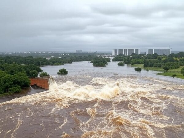 Reservatório do Descoberto transbordando com água inundando áreas no Distrito Federal, expondo riscos de inundações.