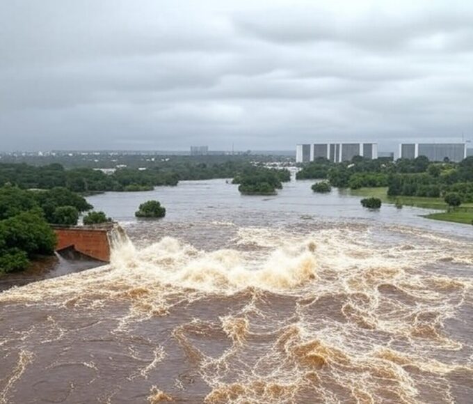 Reservatório do Descoberto transbordando com água inundando áreas no Distrito Federal, expondo riscos de inundações.