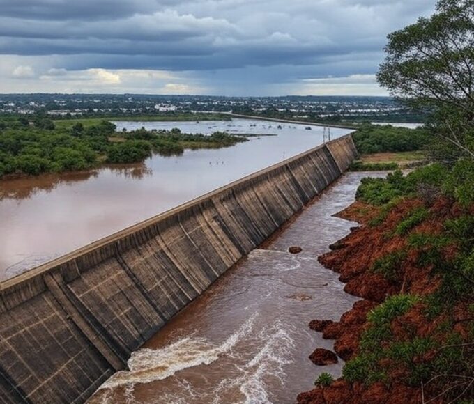 Reservatório do Descoberto transbordando no Distrito Federal, expondo áreas a riscos de inundações graves.