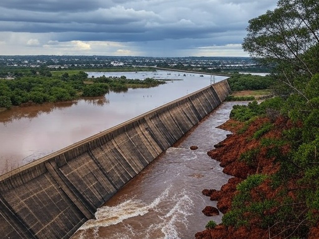 Reservatório do Descoberto transbordando no Distrito Federal, expondo áreas a riscos de inundações graves.