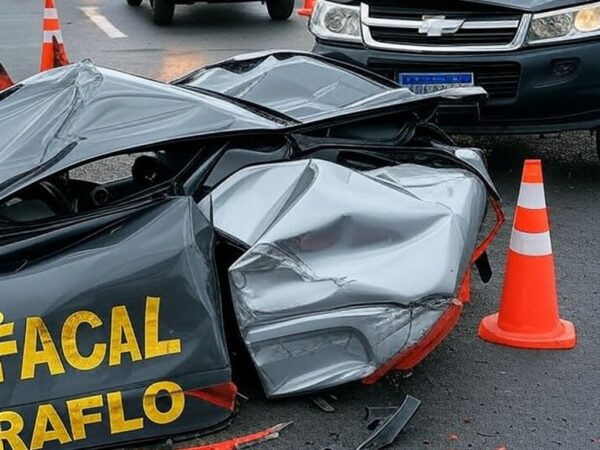 Engavetamento na EPNB em Riacho Fundo, com carros colididos e faixas interditadas por viaturas da polícia.