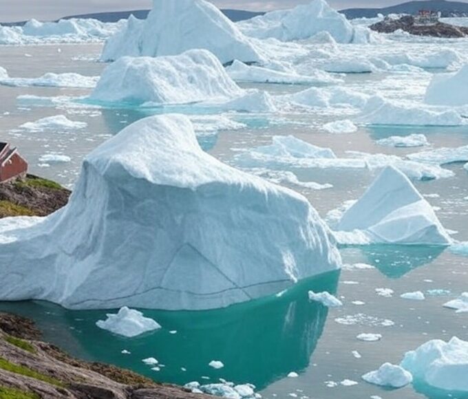 Paisagem glacial da Groenlândia com icebergs e bandeiras simbólicas, representando ameaças e negociações diplomáticas.