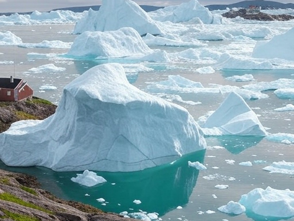 Paisagem glacial da Groenlândia com icebergs e bandeiras simbólicas, representando ameaças e negociações diplomáticas.