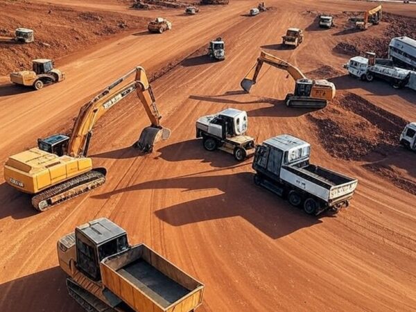 Canteiro de obras de infraestrutura em Ceilândia, com máquinas e construções urbanas no Distrito Federal.