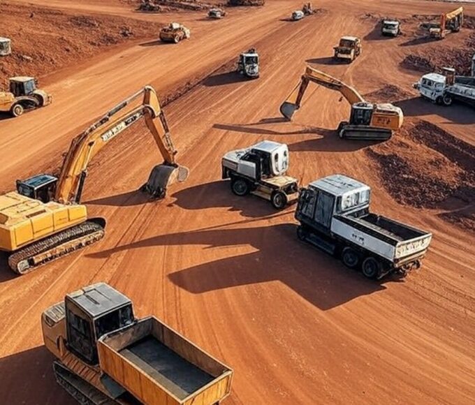 Canteiro de obras de infraestrutura em Ceilândia, com máquinas e construções urbanas no Distrito Federal.