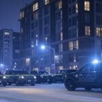 Cena de operação migratória do ICE em rua de Minneapolis com viaturas e fita de isolamento, estilo fotojornalístico.