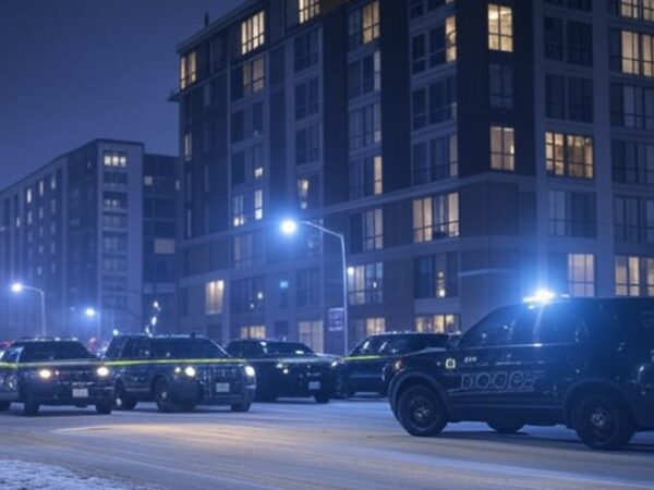 Cena de operação migratória do ICE em rua de Minneapolis com viaturas e fita de isolamento, estilo fotojornalístico.