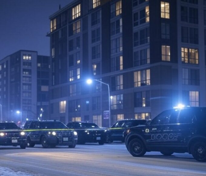 Cena de operação migratória do ICE em rua de Minneapolis com viaturas e fita de isolamento, estilo fotojornalístico.