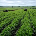 Plantação de soja no Brasil com tratores, ilustrando protestos agrícolas e acordo UE-Mercosul.