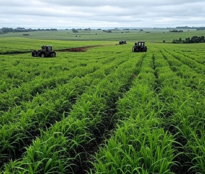 Plantação de soja no Brasil com tratores, ilustrando protestos agrícolas e acordo UE-Mercosul.