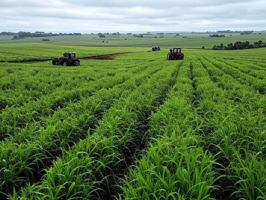 Plantação de soja no Brasil com tratores, ilustrando protestos agrícolas e acordo UE-Mercosul.