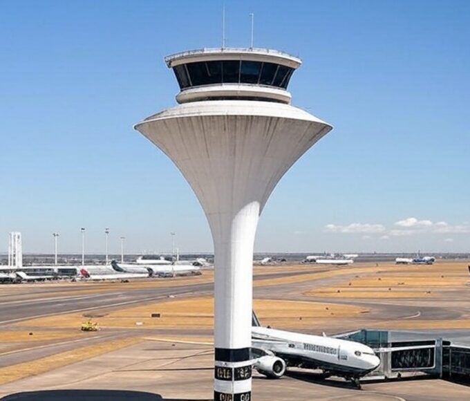Vista ampla do Aeroporto de Brasília, destacando pontualidade global em segundo lugar, com pista e torre de controle.