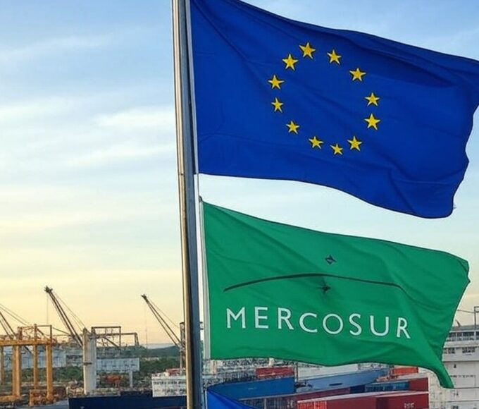 Bandeiras da UE e Mercosul no Porto de Santos, representando acordo comercial histórico entre blocos econômicos.